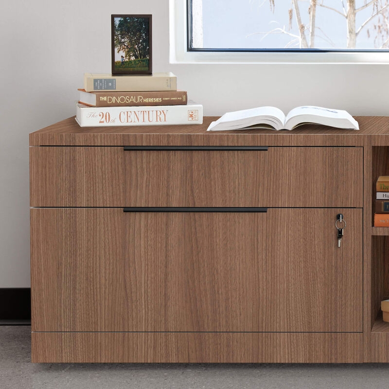 Lateral File Cabinet Mitered Beveled Edge Walnut Wood Recessed Pulls