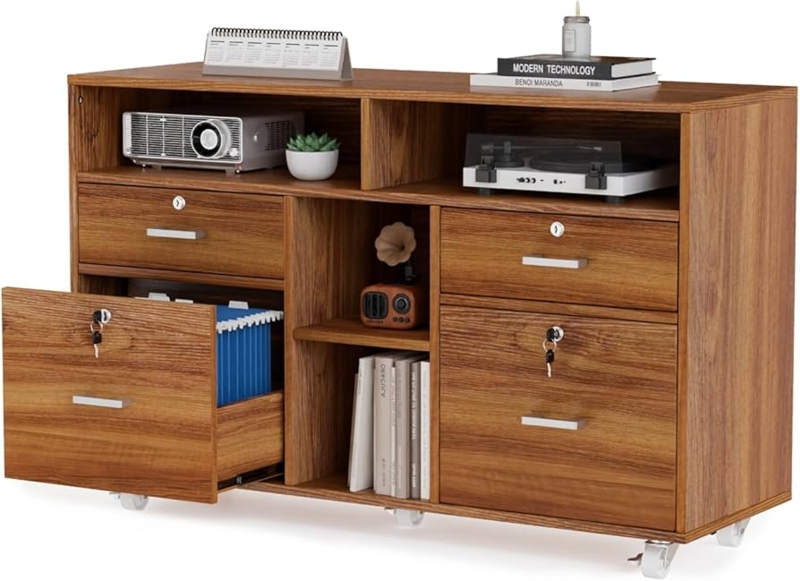 Lateral File Cabinet Mobile Base with Open Shelves and Lock