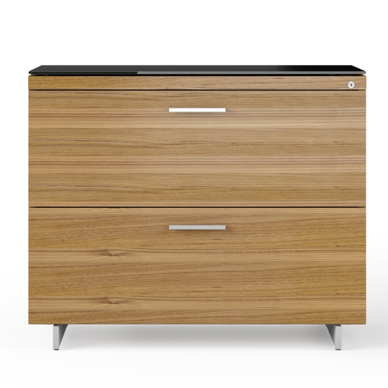Lateral File Cabinet Modern Walnut Wood Toned Satin Nickel Accents