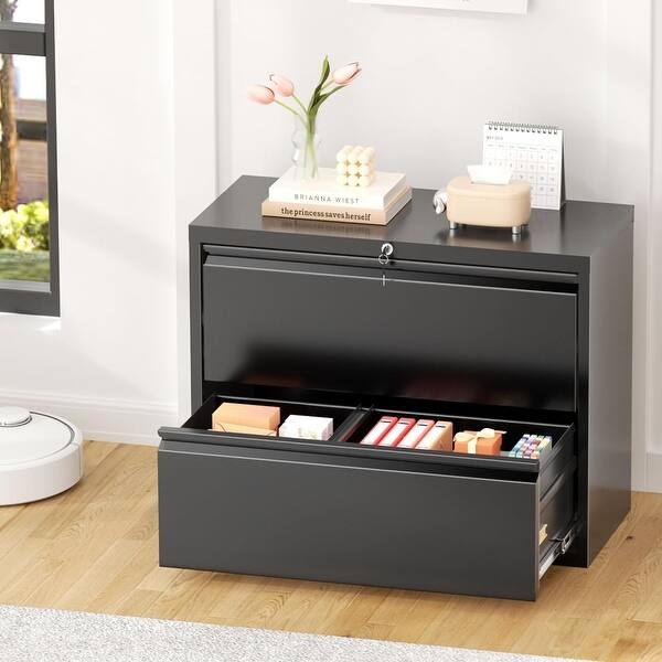Lateral File Cabinet Modern White Metal Two Drawer Recessed Handles