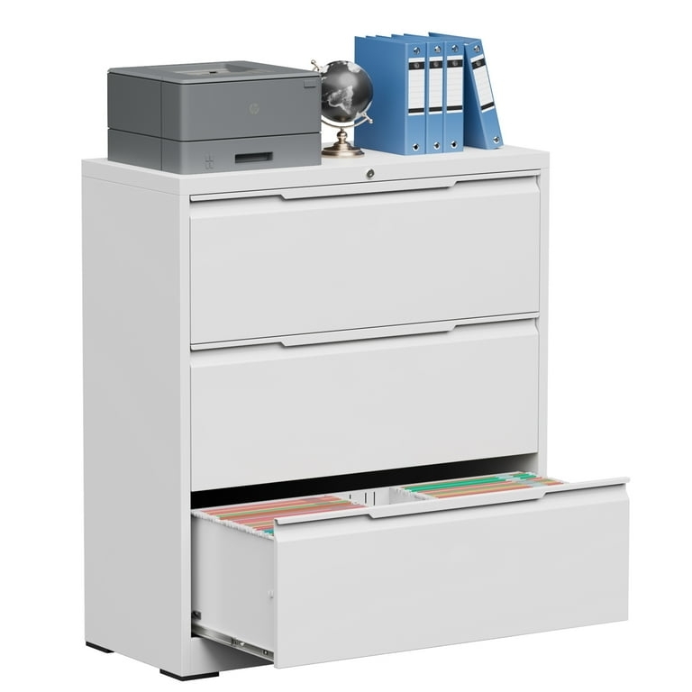 Lateral File Cabinet Professional White Metal Three Drawer Matte Finish