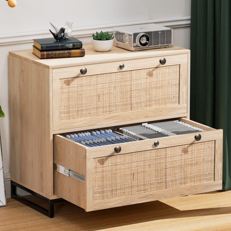 Lateral File Cabinet, Rattan Drawer Fronts, Light Oak, 2-Drawer Boho Office.