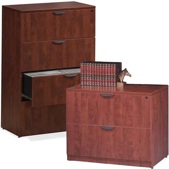 Lateral File Cabinet: Reddish Brown Wood Toned Laminate Locking Drawers