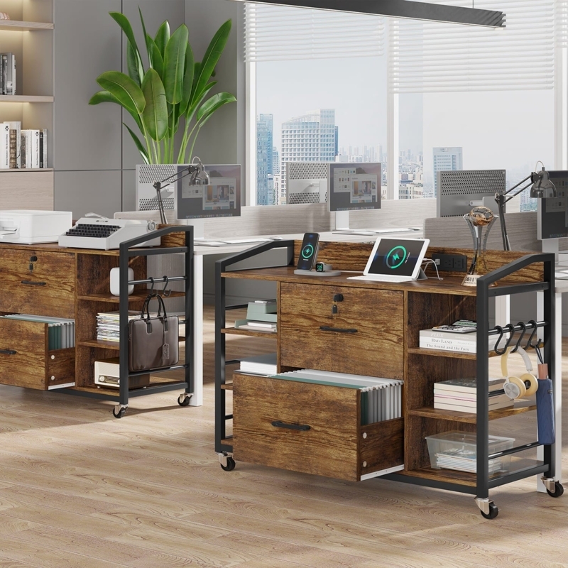 Lateral File Cabinet Side Shelving Unit Mixed Material Rustic Brown