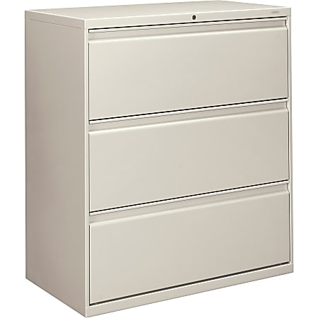 Lateral File Cabinet Three Drawer Light Gray Metal Recessed Pulls