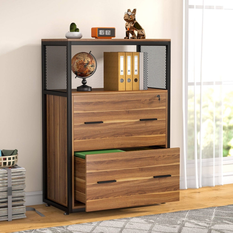 Lateral File Cabinet Two Tone Finish Sled Base Wood Grain Design