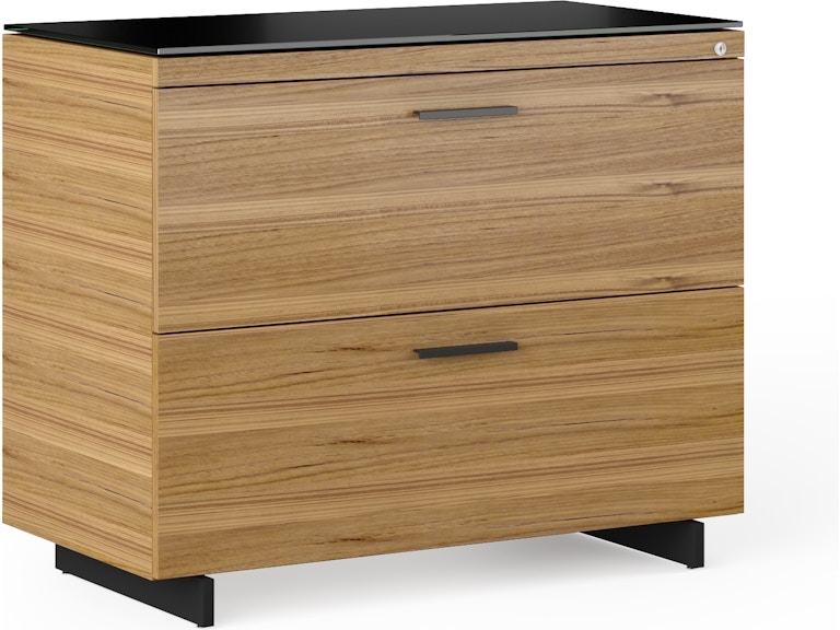 Lateral File Cabinet Walnut Wood Toned Glass Top Modern Storage