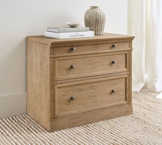 Lateral File Cabinet Warm Wood Ring Pulls Label Holders Crown Molding