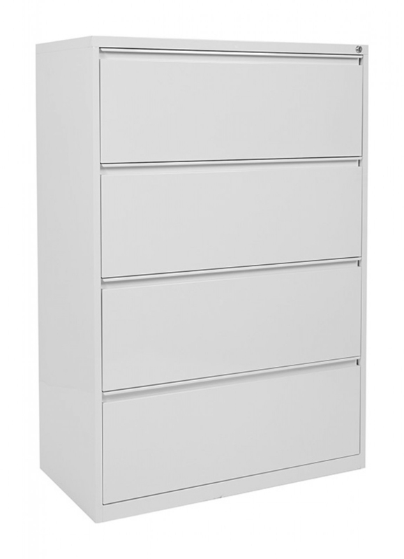 Lateral File Cabinet: White Four Drawer with Slim Silver Bar Handles