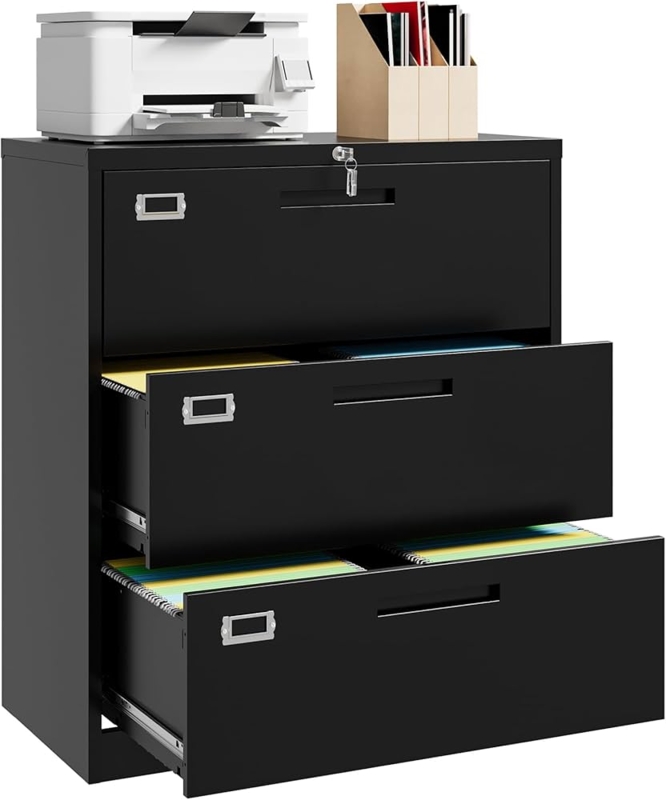 Lateral File Cabinet White Metal Three Drawer Recessed Handles Locking