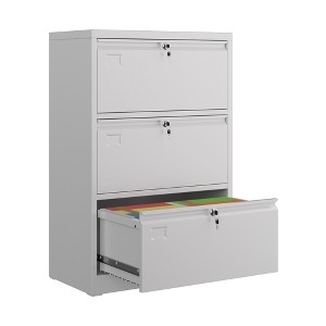 Lateral File Cabinet White Metal Three Drawer Wide