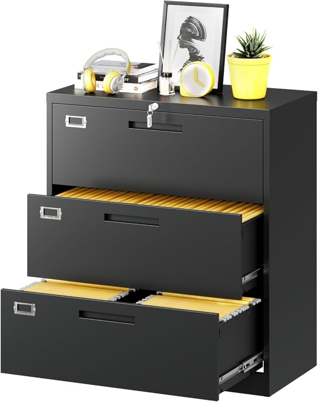 Lateral File Cabinet: White Three Drawer with Polished Chrome Handles