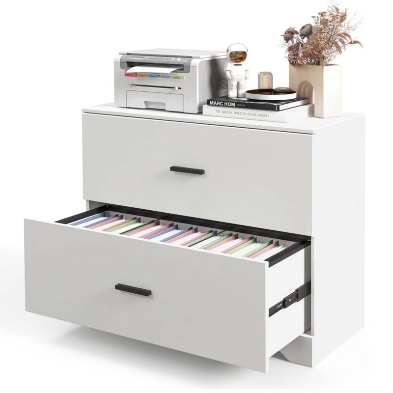 Lateral File Cabinet: White with Wood Toned Top and Silver Metal Base