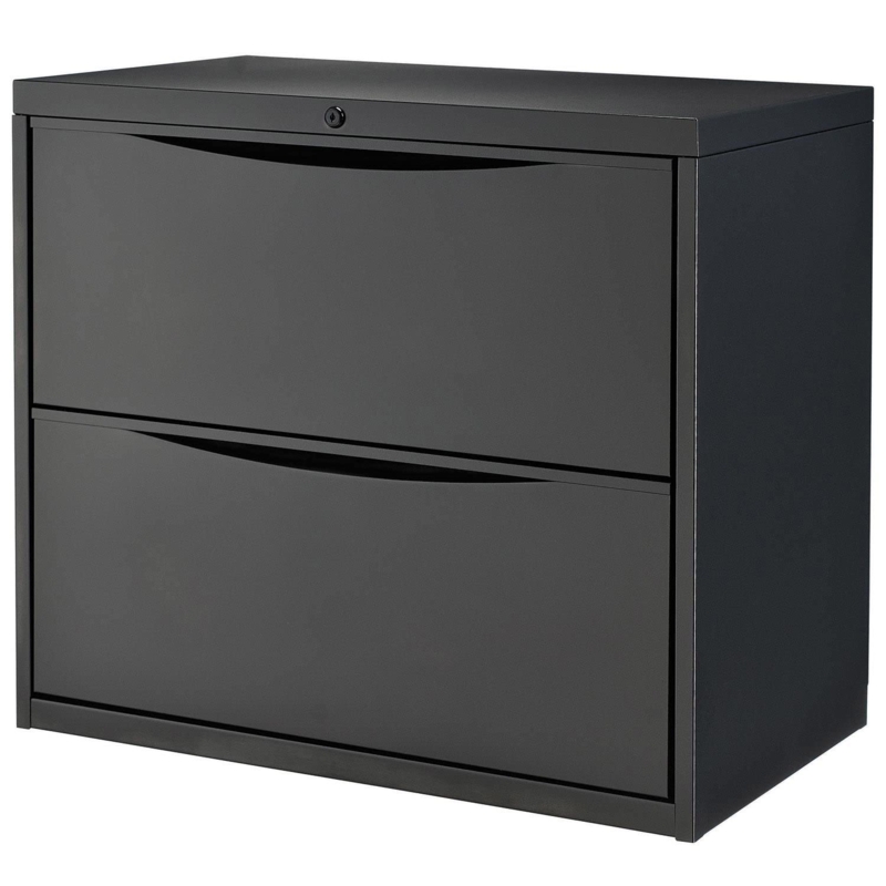 Lateral File Cabinet Wide Black Metal Finish Two Drawer Minimalist