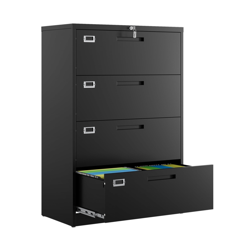 Lateral File Cabinet Wide Profile 4-Drawer Matte Metal Locking Mechanism