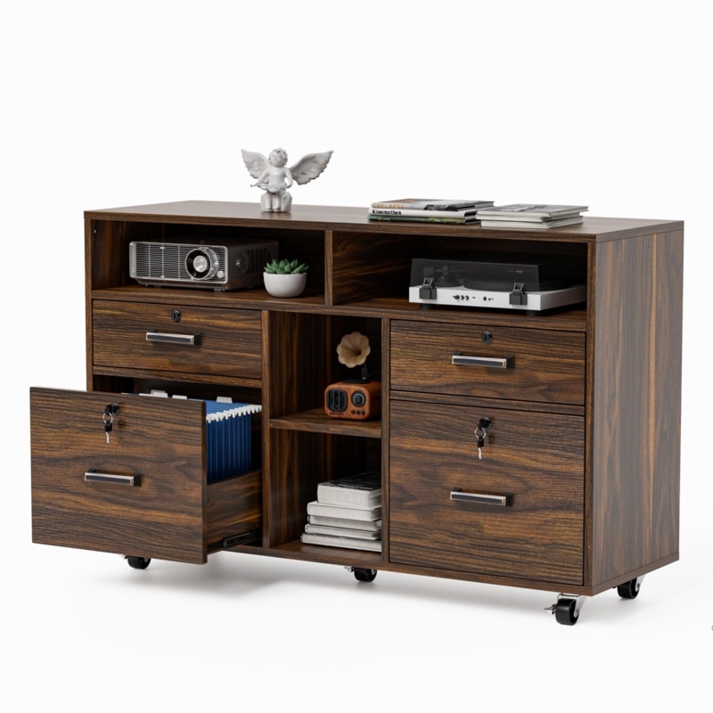 Lateral File Cabinet with Integrated Cubbies, Rolling Office Storage