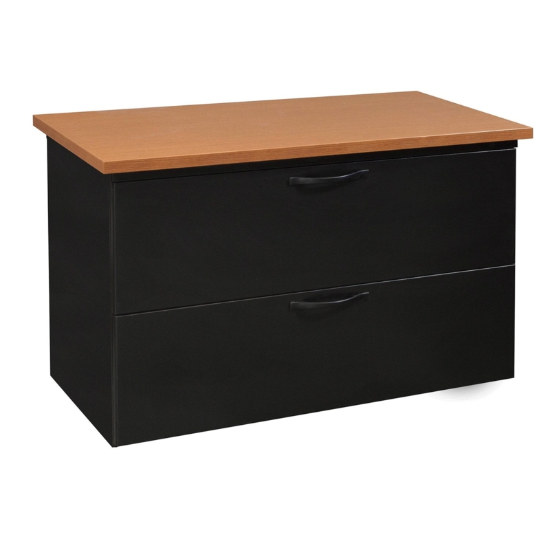 Lateral File Cabinet with Wood Top Black Metal Body Recessed Handles