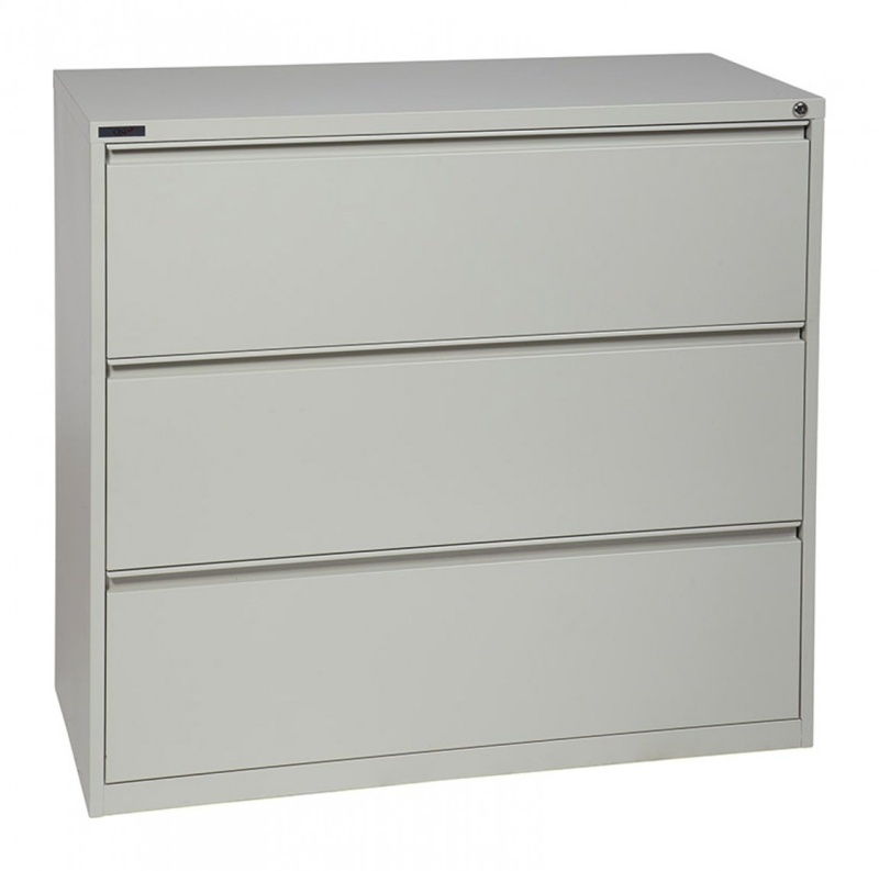 Lateral Filing Cabinet, Gray Matte, Rectangular Silhouette, Recessed.