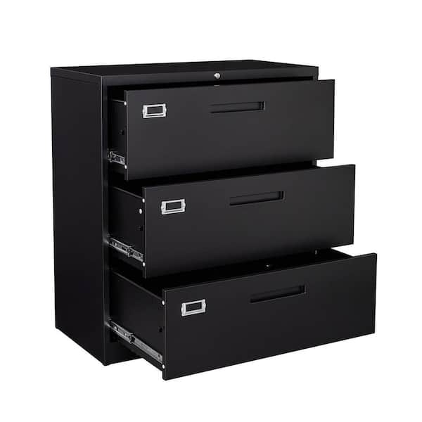 Lateral Filing Cabinet, Matte Black Metal, Wide Drawers, Recessed Handles.