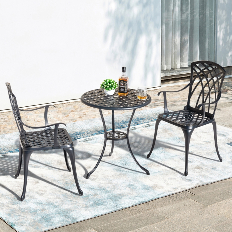 Lattice Pattern Bistro Set Aluminum Pedestal Base Traditional Black Metal Bistro Set