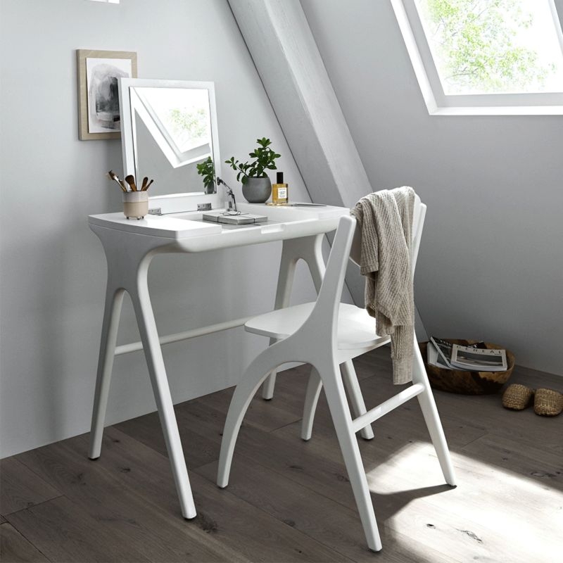 Leaning Writing Desk with Integrated Shelving and Slender Profile