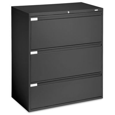 Light Gray Lateral File Cabinet, Wide Drawers, Boxy Silhouette, Metal.