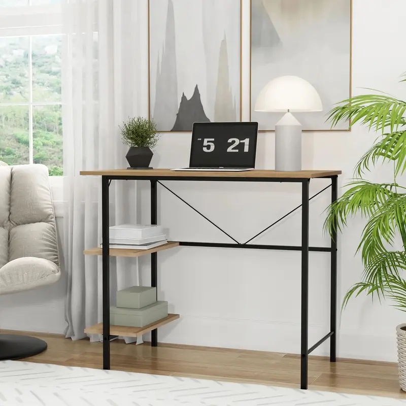 Light Oak Writing Desk with Open Storage Niche & Slim Profile