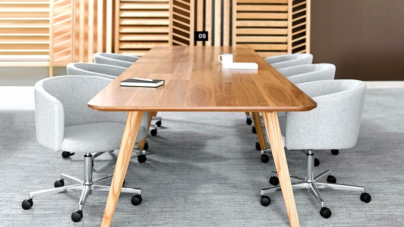 Light Wood Conference Table with Splayed Legs Integrated Power