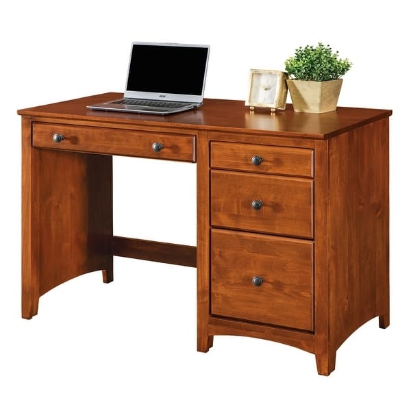 Light Wood Writing Desk with Four Drawers and Black Knobs