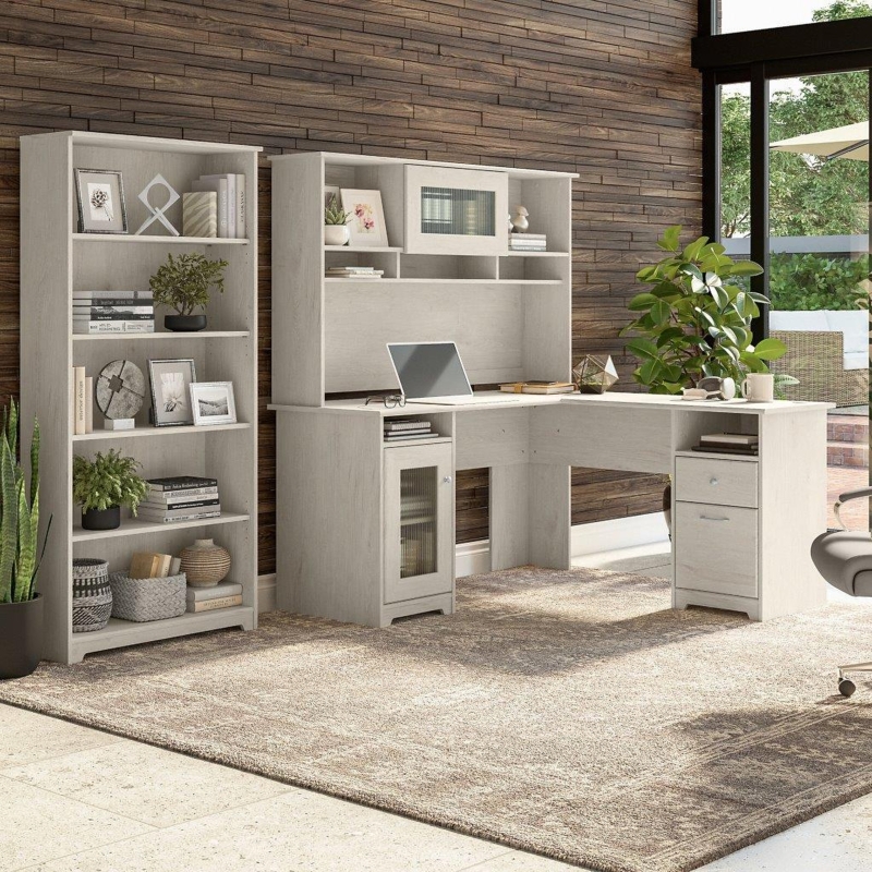 Linen White Office Set with L-shaped Desk, Hutch, and Bookcase
