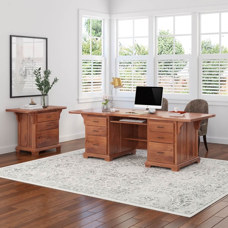 Live Edge Executive Desk Set Thick Slab Top U-Shaped Legs Industrial