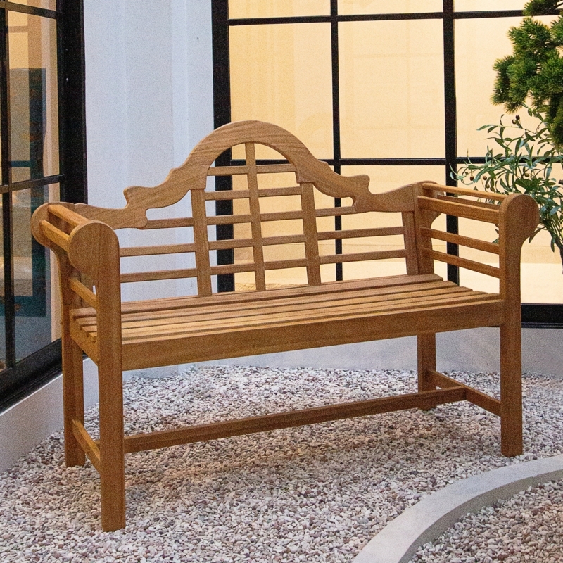 Lutyens Style Outdoor Bench. Scrolled crest rail, rolled arms, natural wood.