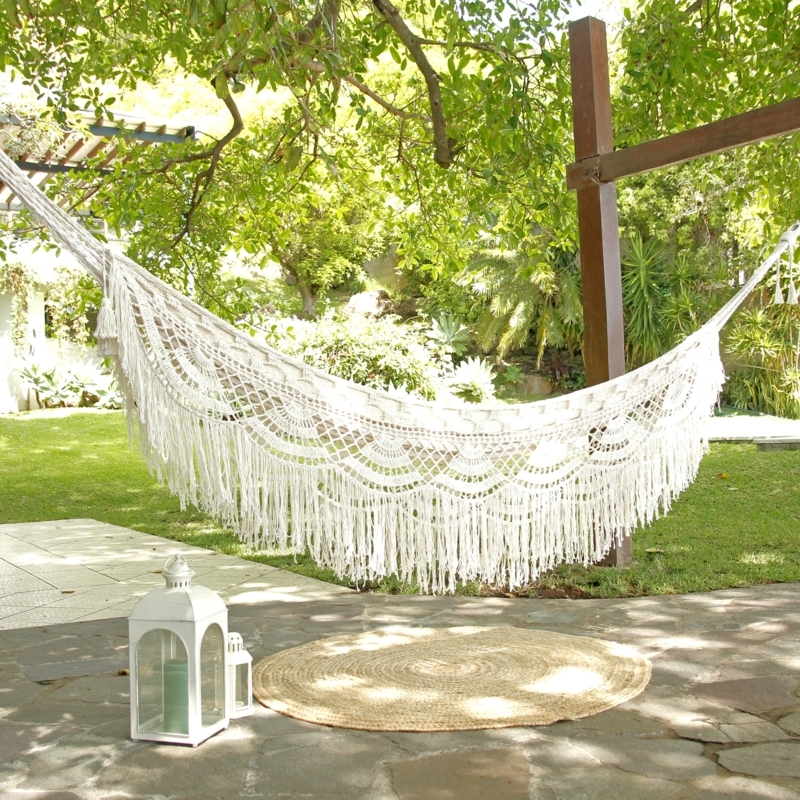 Luxury Crochet Hammock with Intricate Lace Pattern and Long Fringe