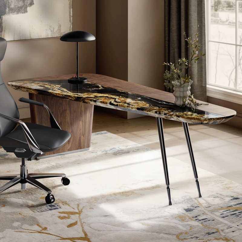 Luxury Executive Desk 86 Inch Width Natural Marble Top Gold Accents