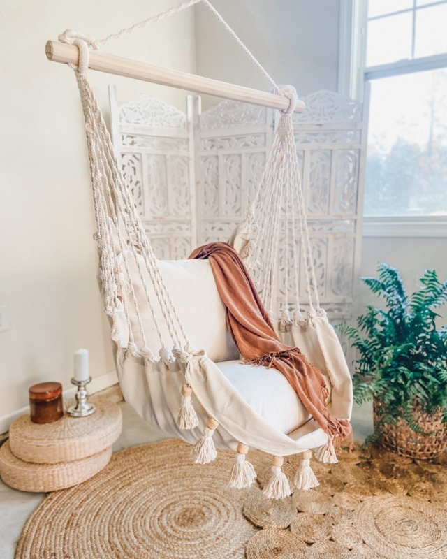 Macrame Hammock Chair with Tassels for Boho Bedroom Hanging Chair