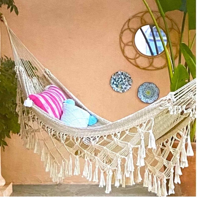 Macrame Hammock with Long Fringe Trim and Wood Spreader Bars