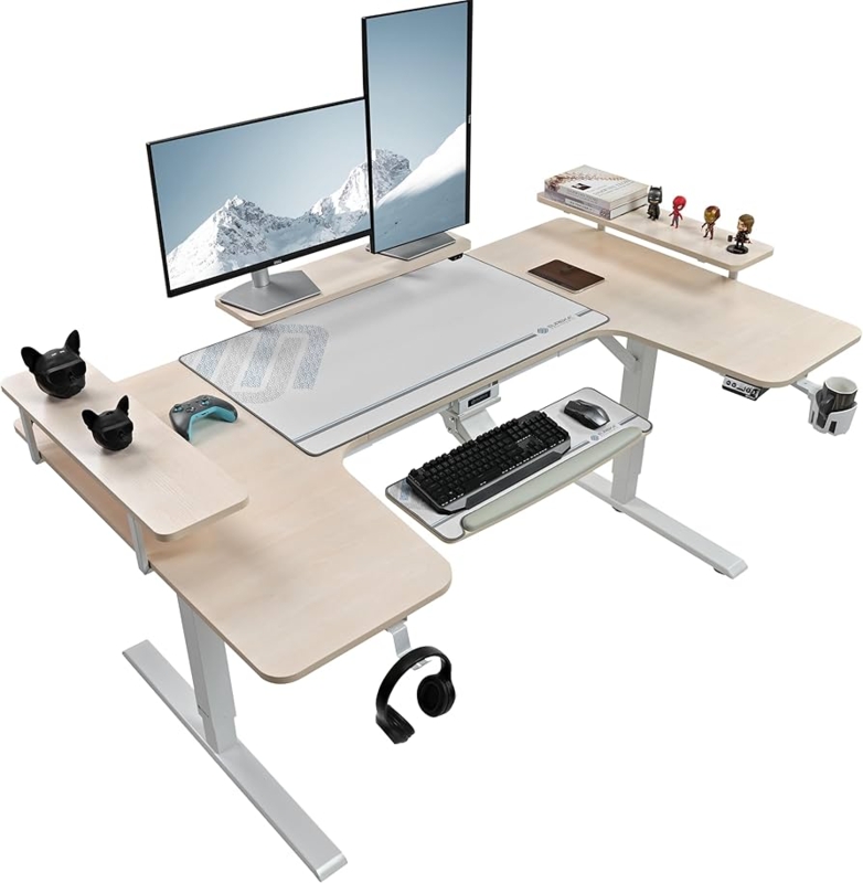 Maple Wood Home Studio Setup, U-Shaped Desk with Integrated Storage Towers