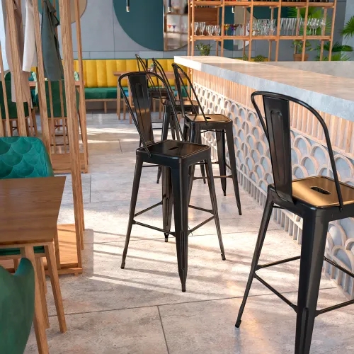 Matte Black Bar Stool with Seat Drain Hole and Curved Back Slat