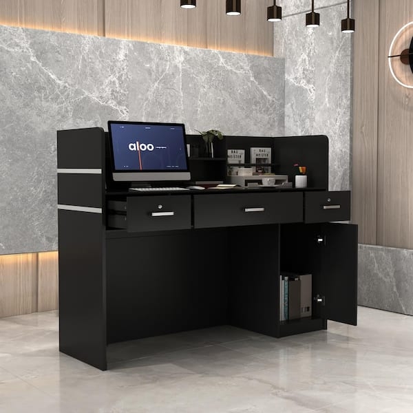 Matte Black Computer Desk with Raised Shelf and Dual Storage Piers