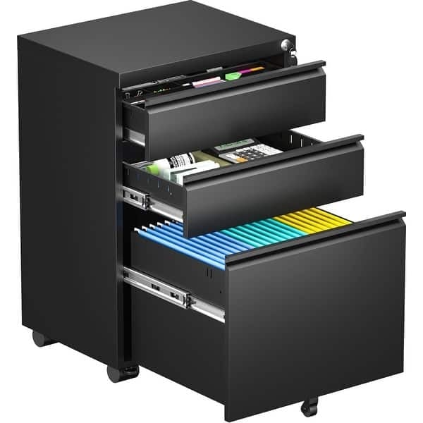 Matte Black File Cabinet Three Drawers Mobile Casters Locking Pedestal