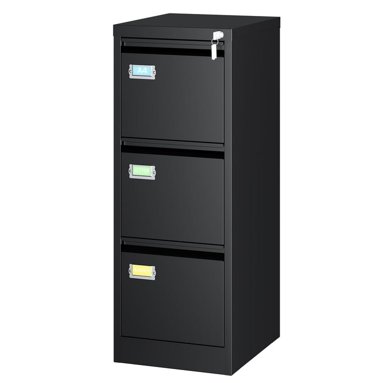 Matte Black Filing Cabinet Three Drawers Handleless Design Minimalist