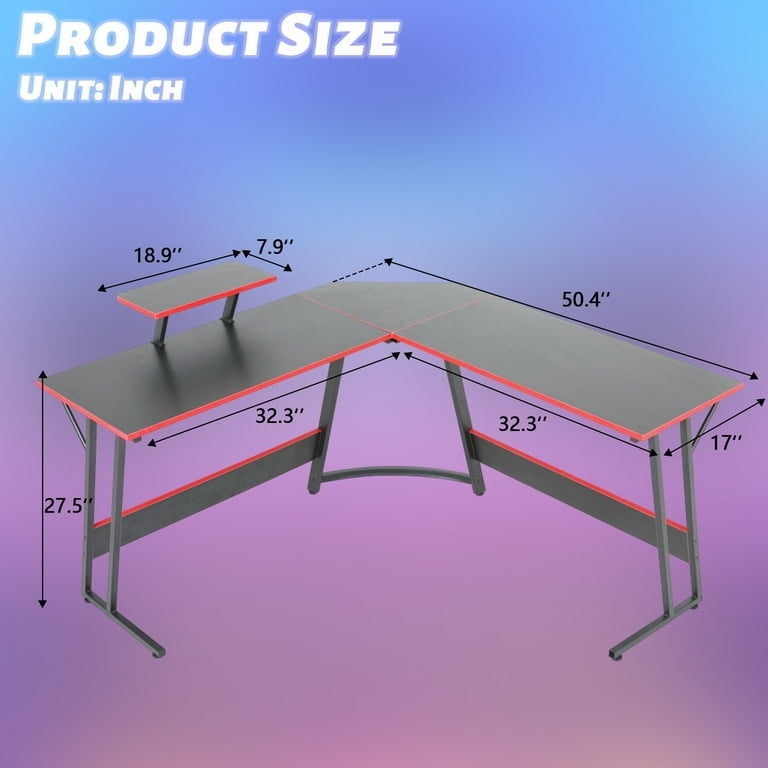 Matte Black L-Shaped Gaming Desk with Monitor Shelf and Hooks