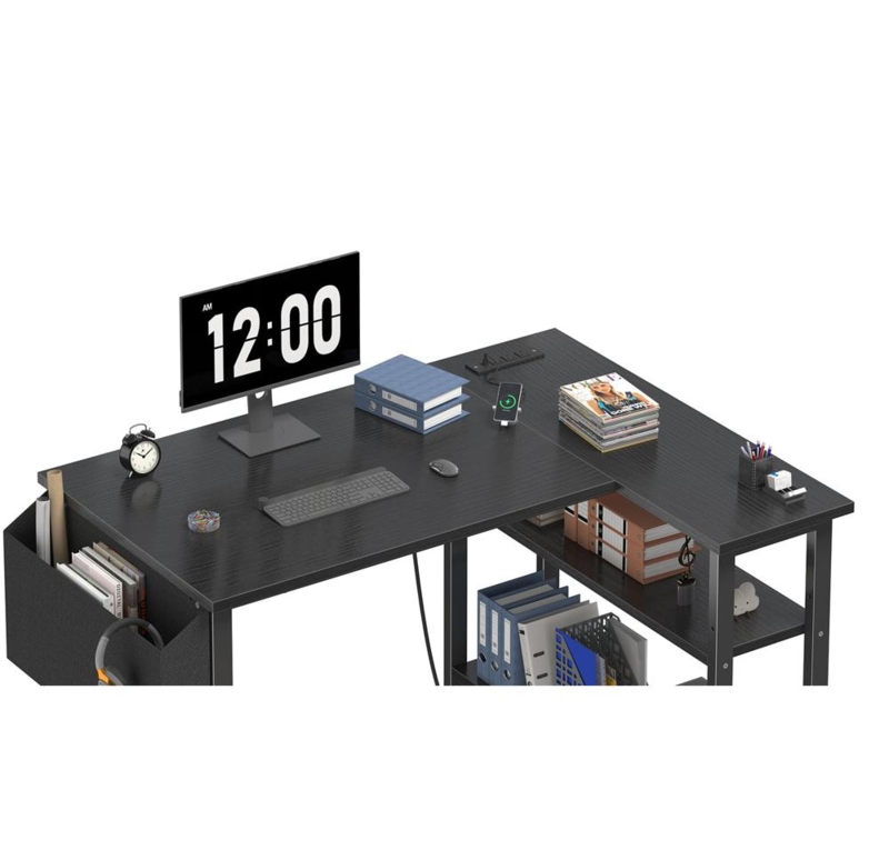 Matte Black L-Shaped Gaming Desk with Shelves and Headphone Hook