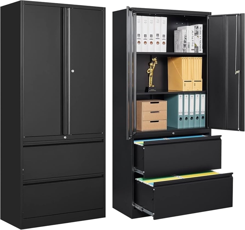Matte Black Lateral File Cabinet: Two Drawer Locking Office Storage
