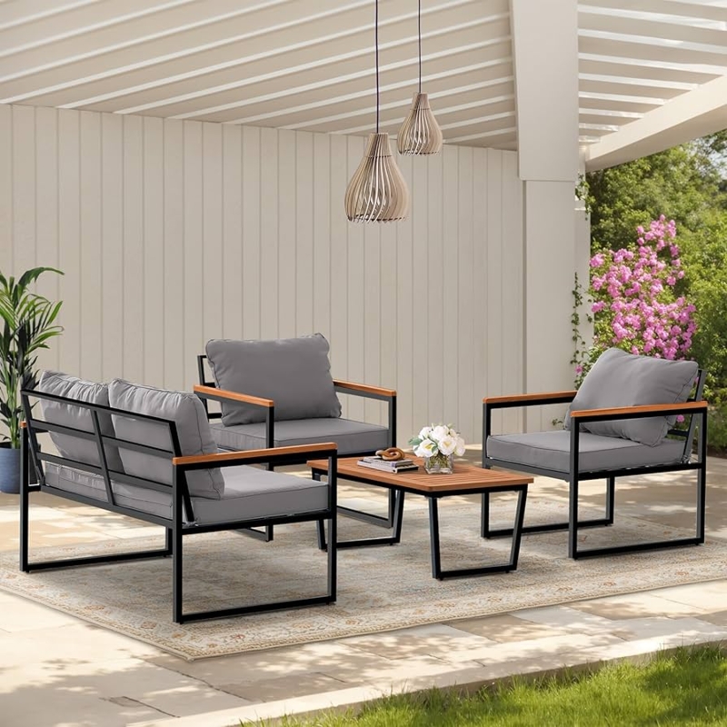 Matte Black Metal Patio Conversation Set, Vertical Slat Back