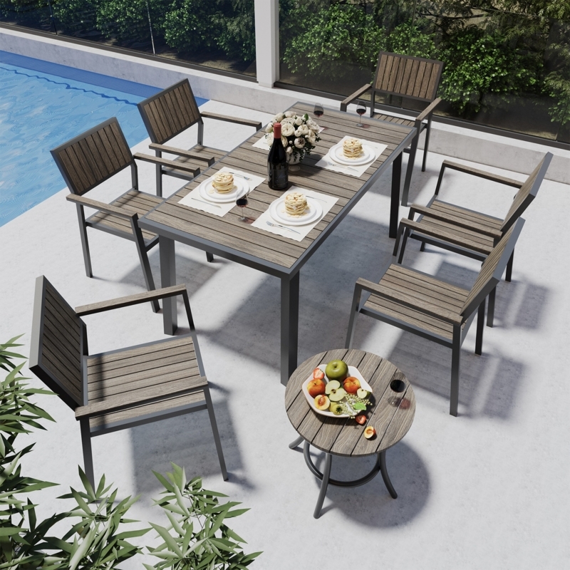 Matte Black Patio Dining Set, Modern Metal with Stackable Mesh Chairs.
