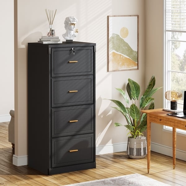 Matte Black Vertical File Cabinet, 4-Drawer Minimalist Home Office Organization with Lock