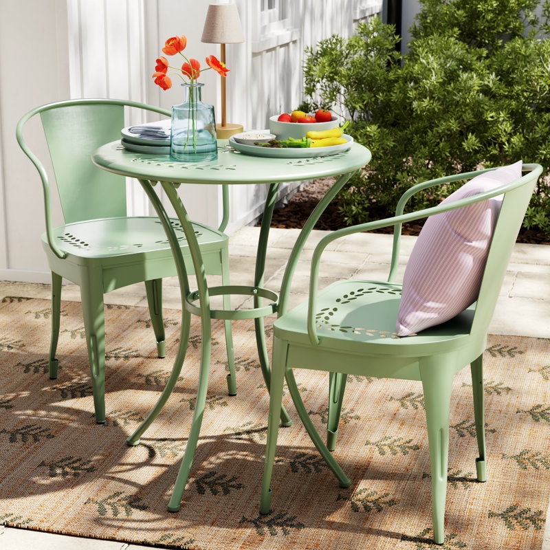 Matte Green Bistro Set, Perforated Mesh Detail, Round Table, Small Space Patio Seating Ideas