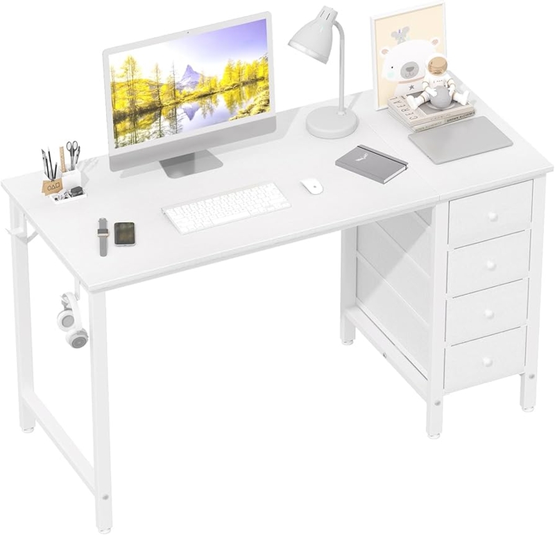 Matte White Computer Desk with Fabric Drawers for Small Spaces