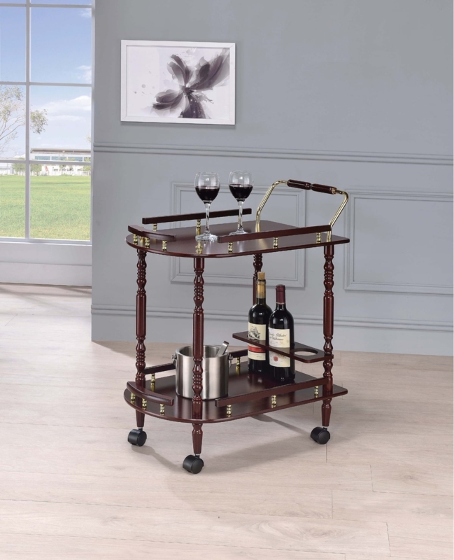 Merlot Wood Bar Cart with Gold Metal Frame and Large Spoked Wheels